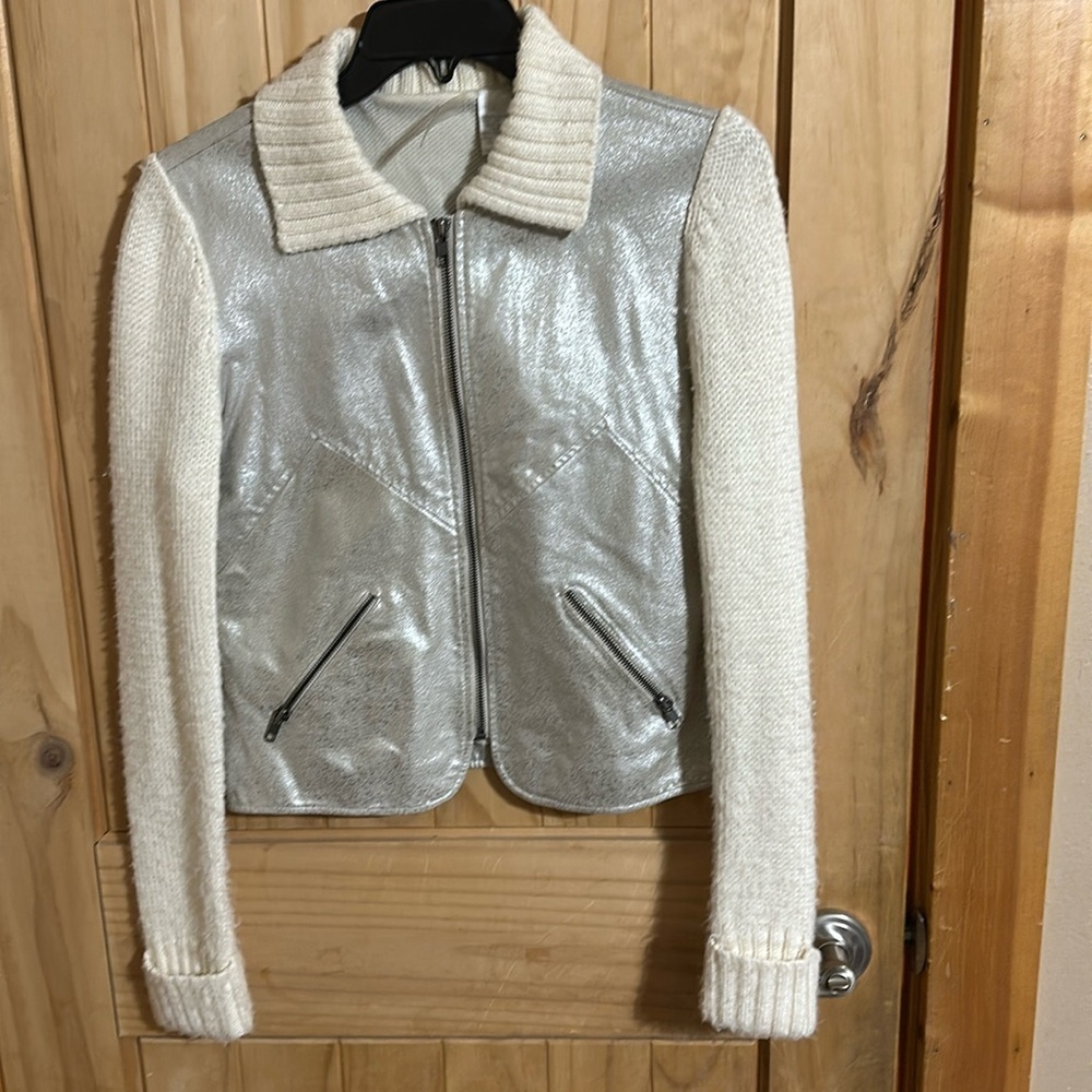 Phosphorus Women’s Leather Short Jacket Knit Sleeves Collar Full Zip Pockets L